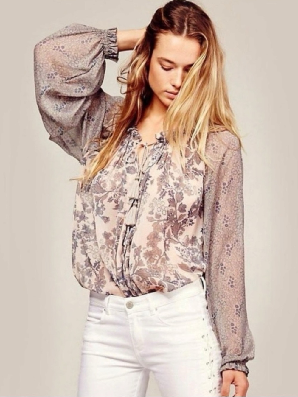 Free People Bohemian Gypsy Oversized Hendrix Printed Peasant Top Small Sheer